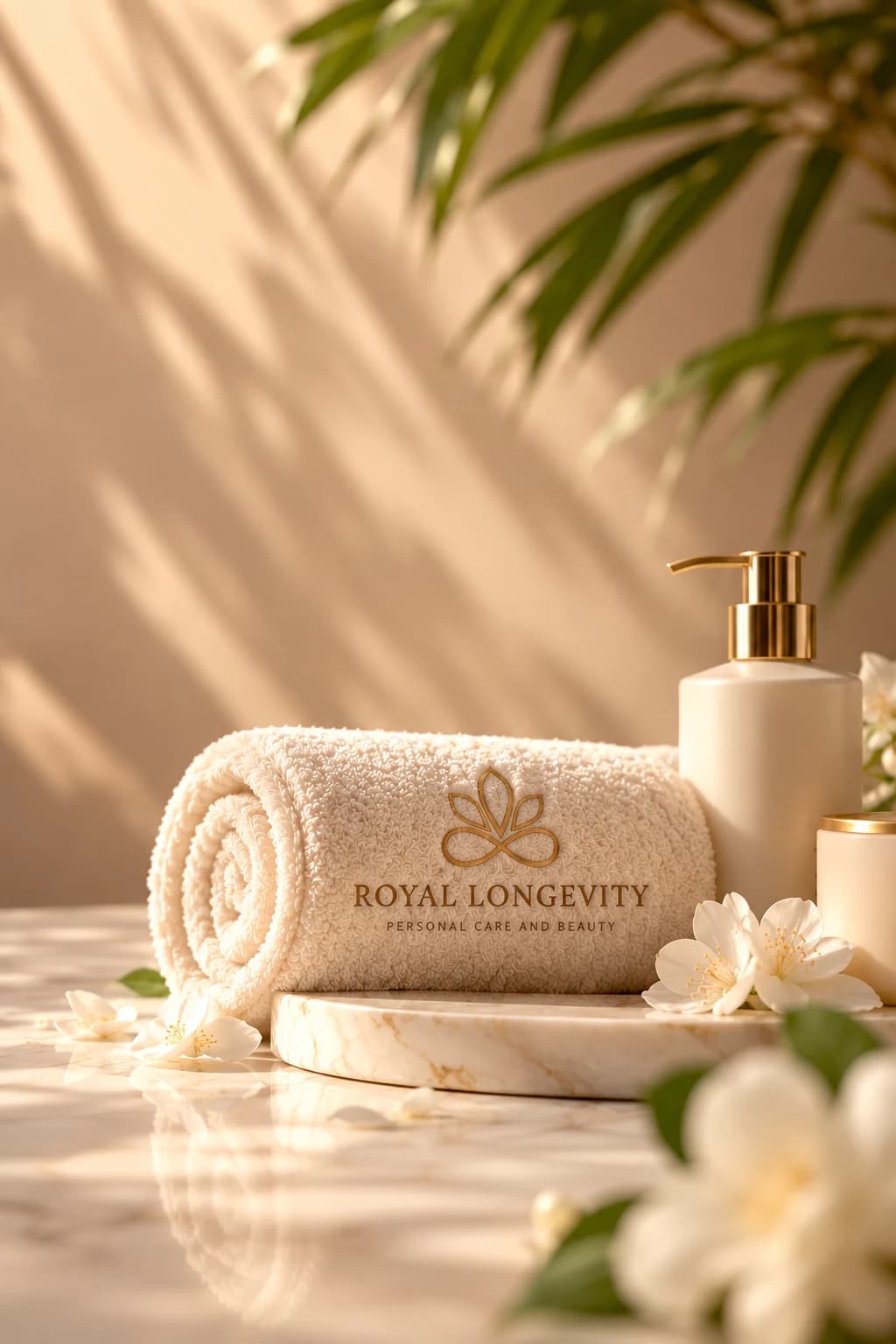 An ivory towel and lotion bottle with gold Royal Longevity branding beside white flowers on warm marble