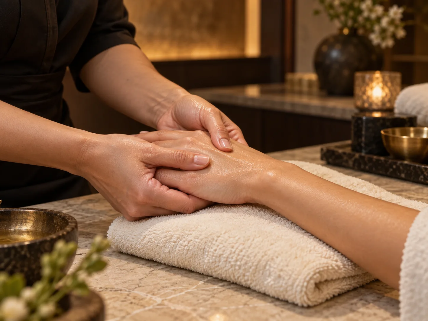 A therapist gently massaging a hand resting on an ivory towel